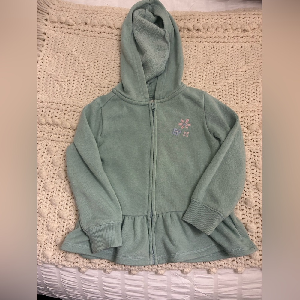 OshKosh B'gosh Sage Green Hooded Zip-Up with Floral Embroidery